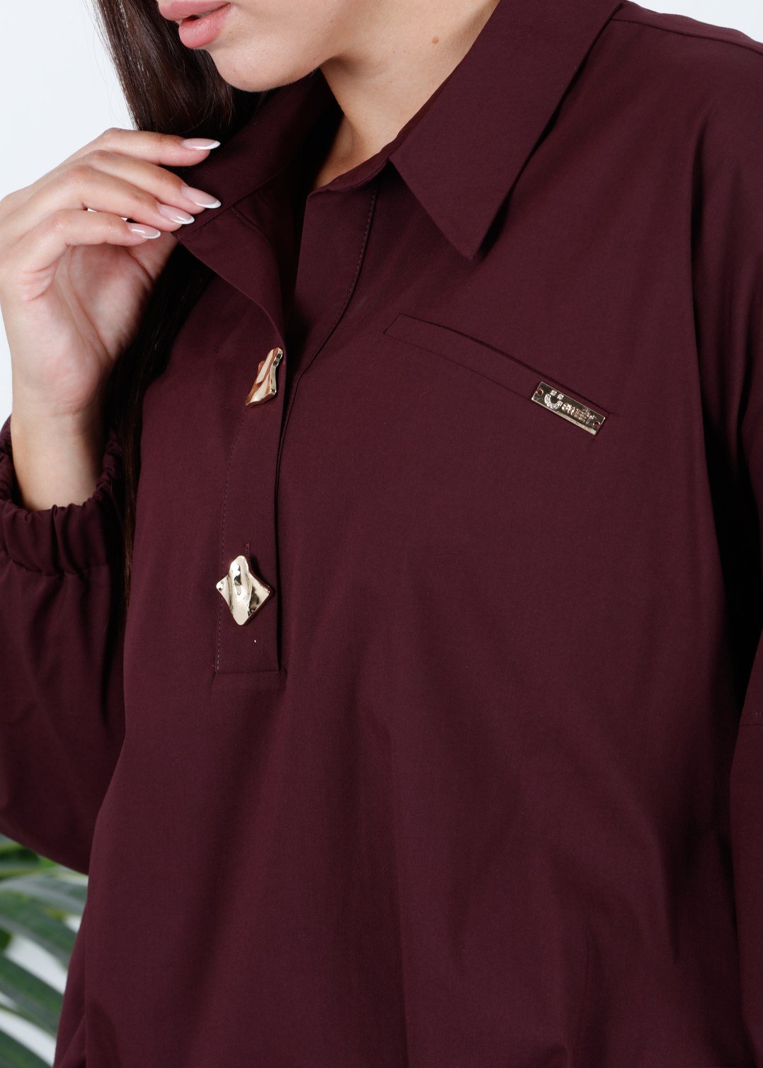 Gold Button Relaxed Fit Plus Size Women's Shirt Burgundy