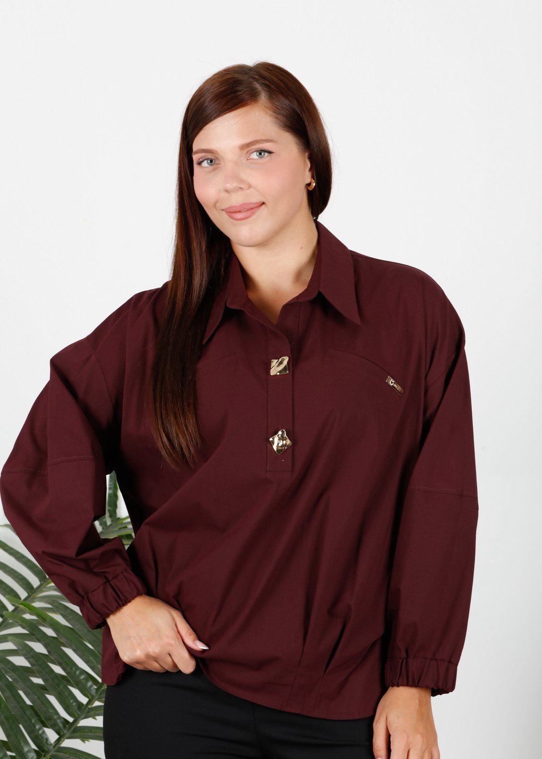 Gold Button Relaxed Fit Plus Size Women's Shirt Burgundy