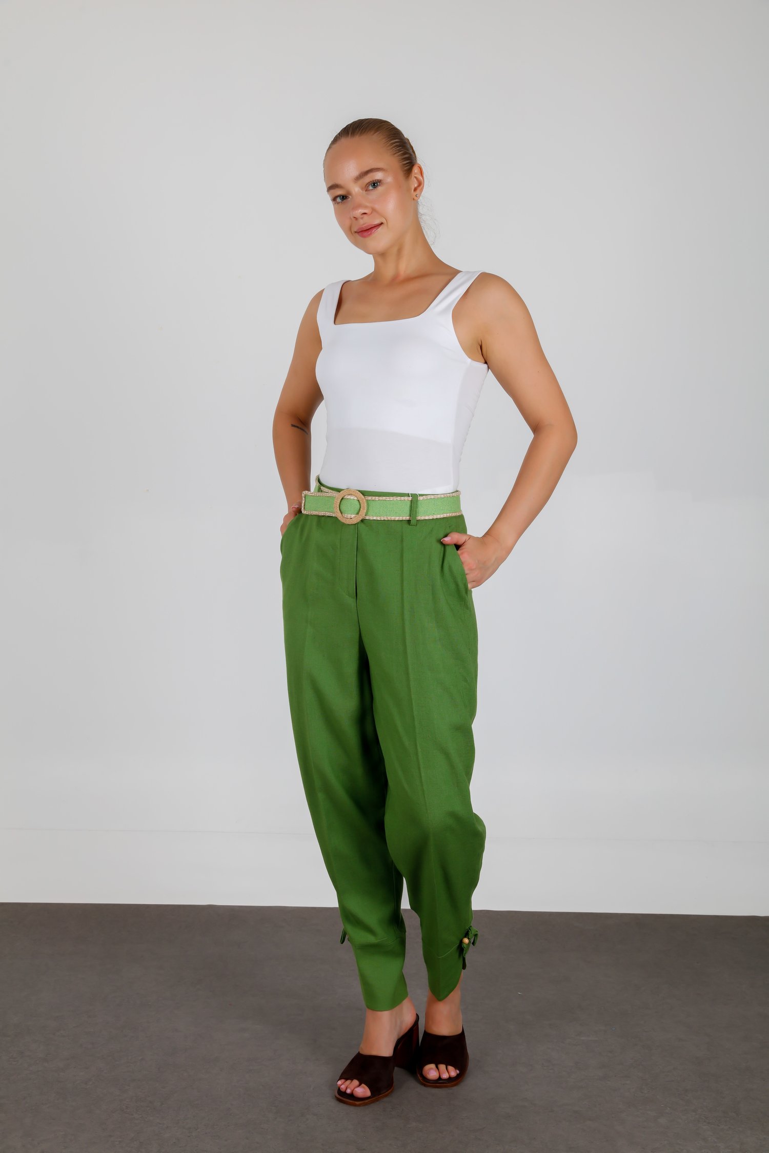 Hasır Kemerli Paçası Bağcıklı Boncuklu Şalvar Pantolon Yeşil 