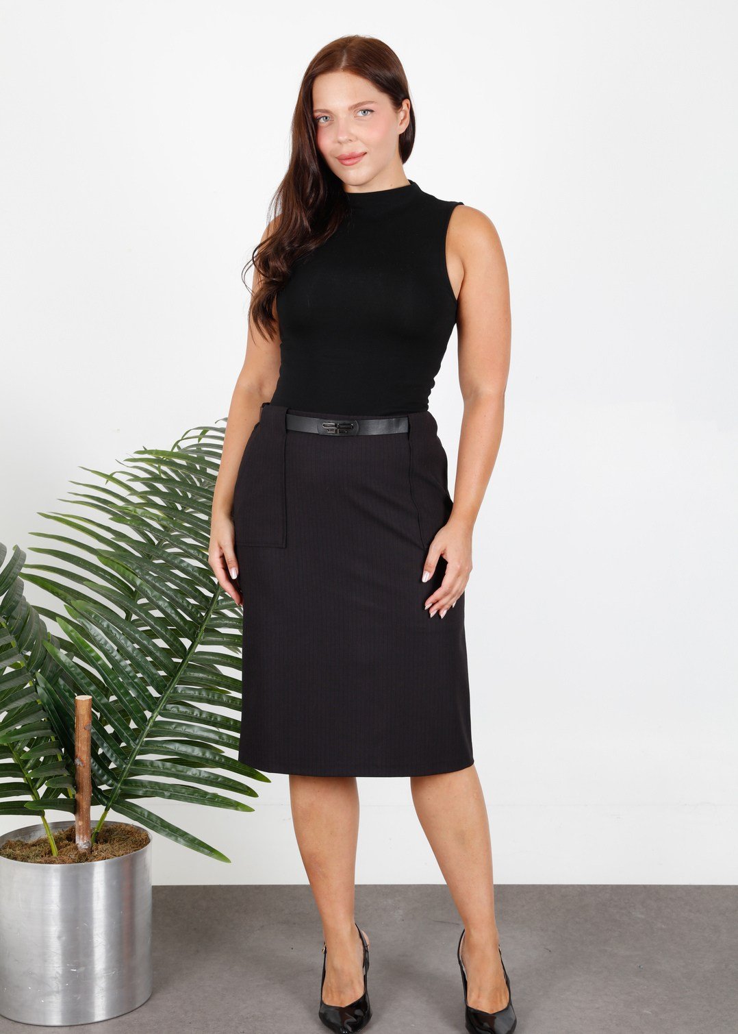 High-Waist Belted Plus Size Winter Midi Pencil Skirt Black