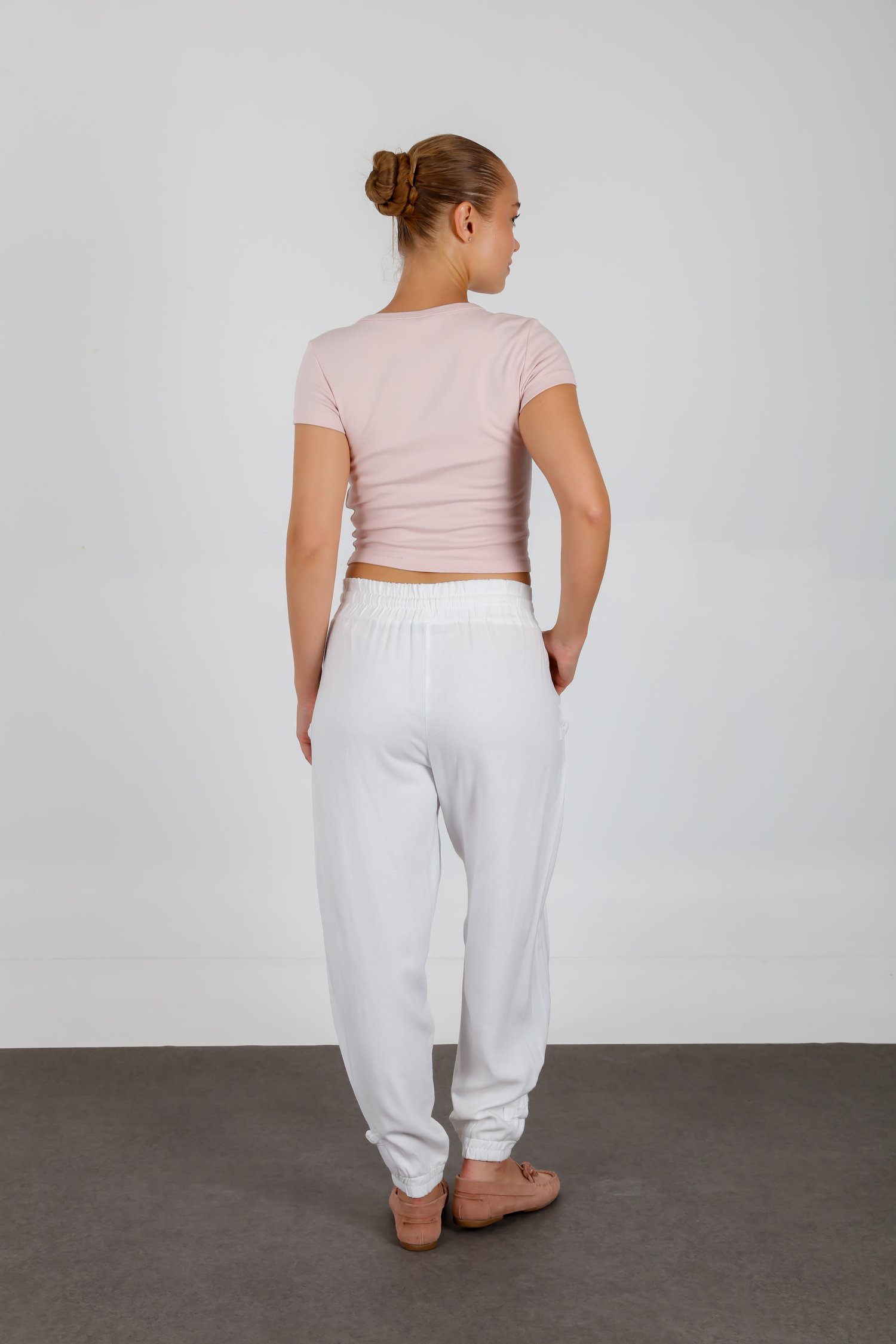 Keten Karışımlı Kumaş Beli Lastikli Yazlık Şalvar Pantolon Beyaz 