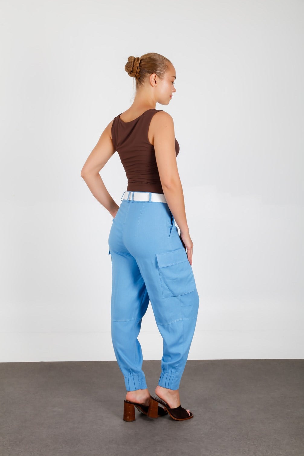 Blue Linen Blend Cargo Pants with Flap Pockets and Matching Belt