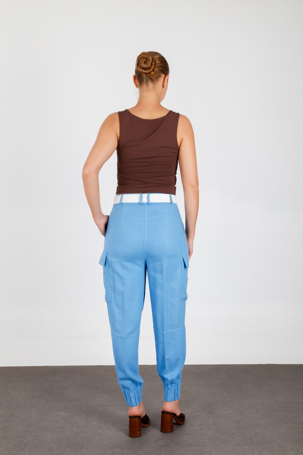 Blue Linen Blend Cargo Pants with Flap Pockets and Matching Belt
