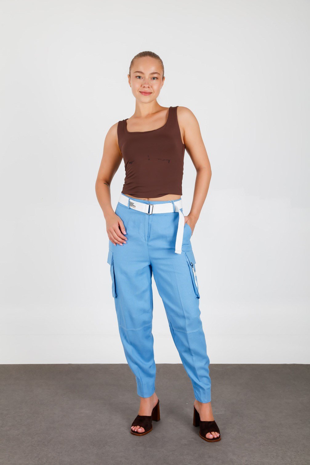 Blue Linen Blend Cargo Pants with Flap Pockets and Matching Belt