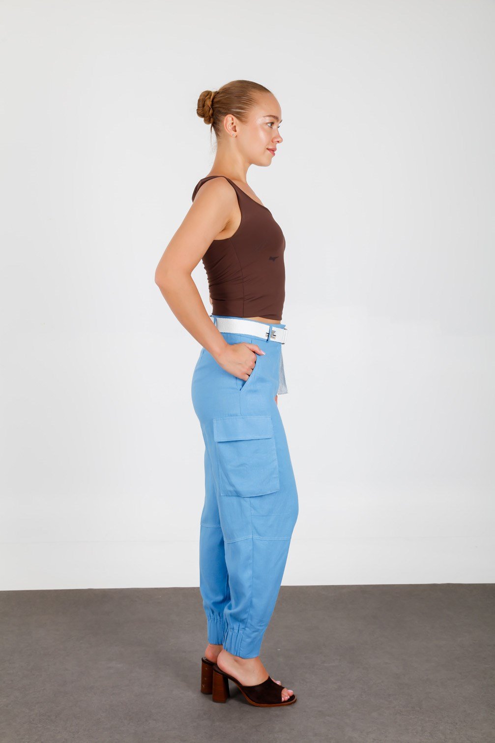 Blue Linen Blend Cargo Pants with Flap Pockets and Matching Belt