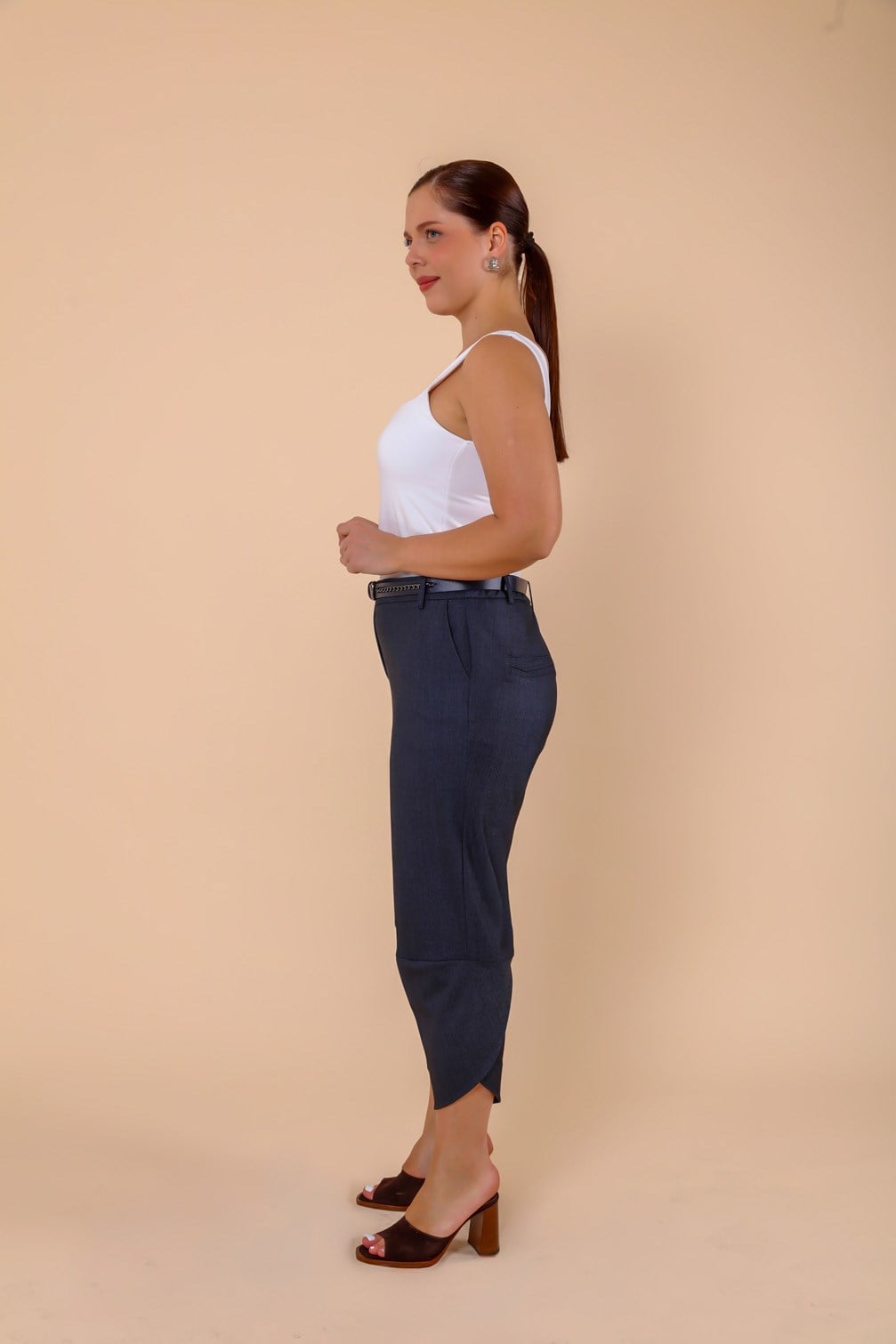 Paça Detaylı Kemerli Büyük Beden Denim Kumaş Pantolon Lacivert 