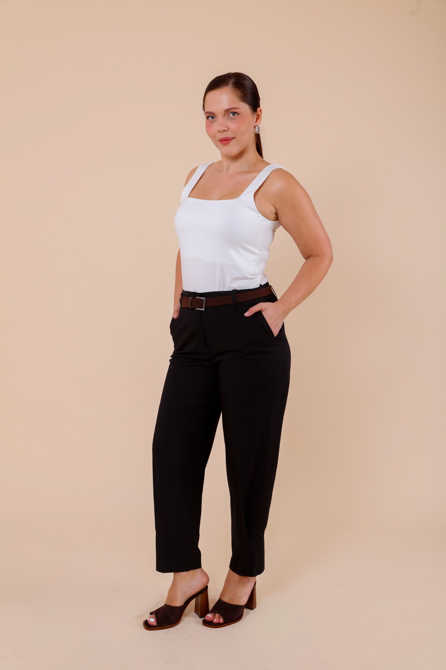 Paça Detaylı Kemerli Büyük Beden Denim Kumaş Pantolon Lacivert 