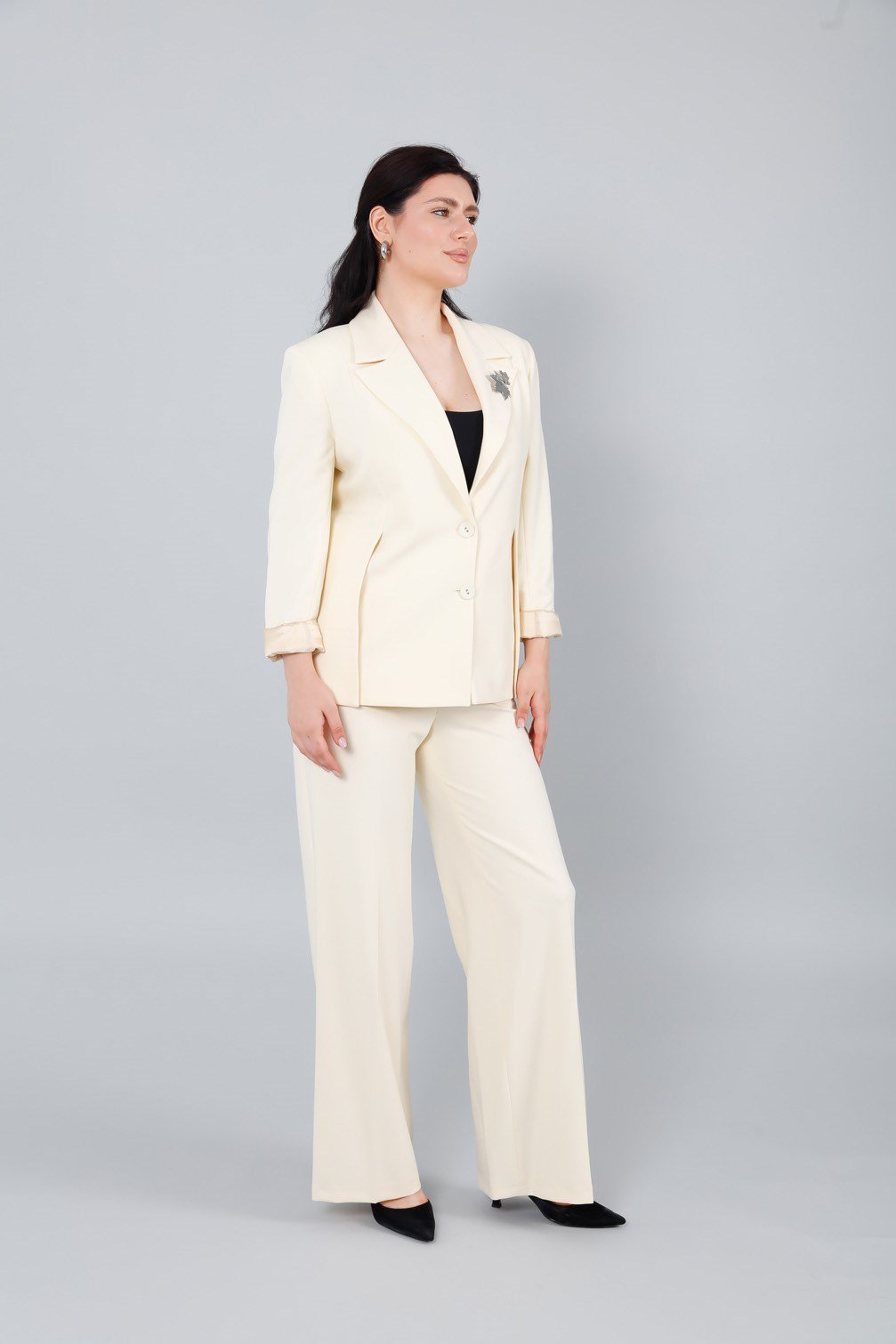 Rahat Kesim Blazer Ceket ve Bol Paça Pantolon Kadın Takım Sarı