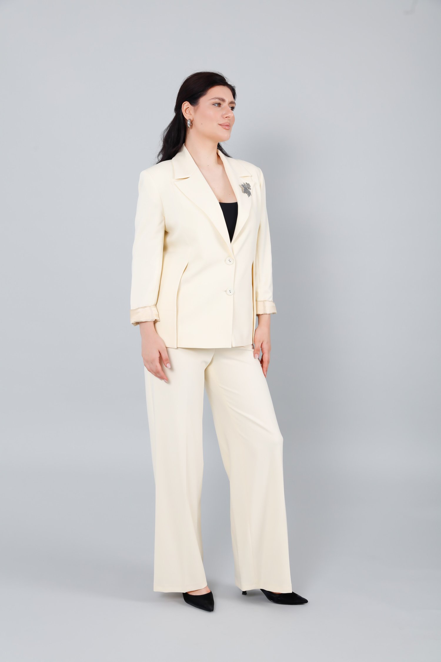 Rahat Kesim Blazer Ceket ve Bol Paça Pantolon Kadın Takım Sarı