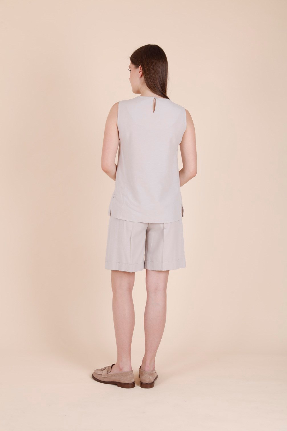 Stone Sleeveless Blouse and Elastic-Waist Belted Shorts Set