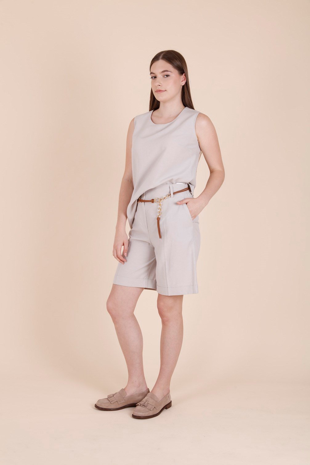 Stone Sleeveless Blouse and Elastic-Waist Belted Shorts Set