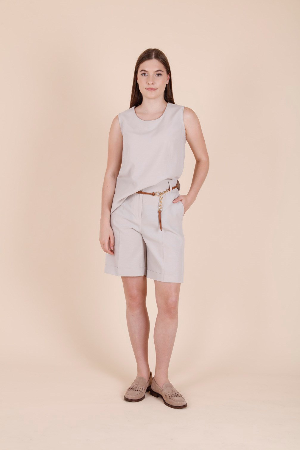 Stone Sleeveless Blouse and Elastic-Waist Belted Shorts Set
