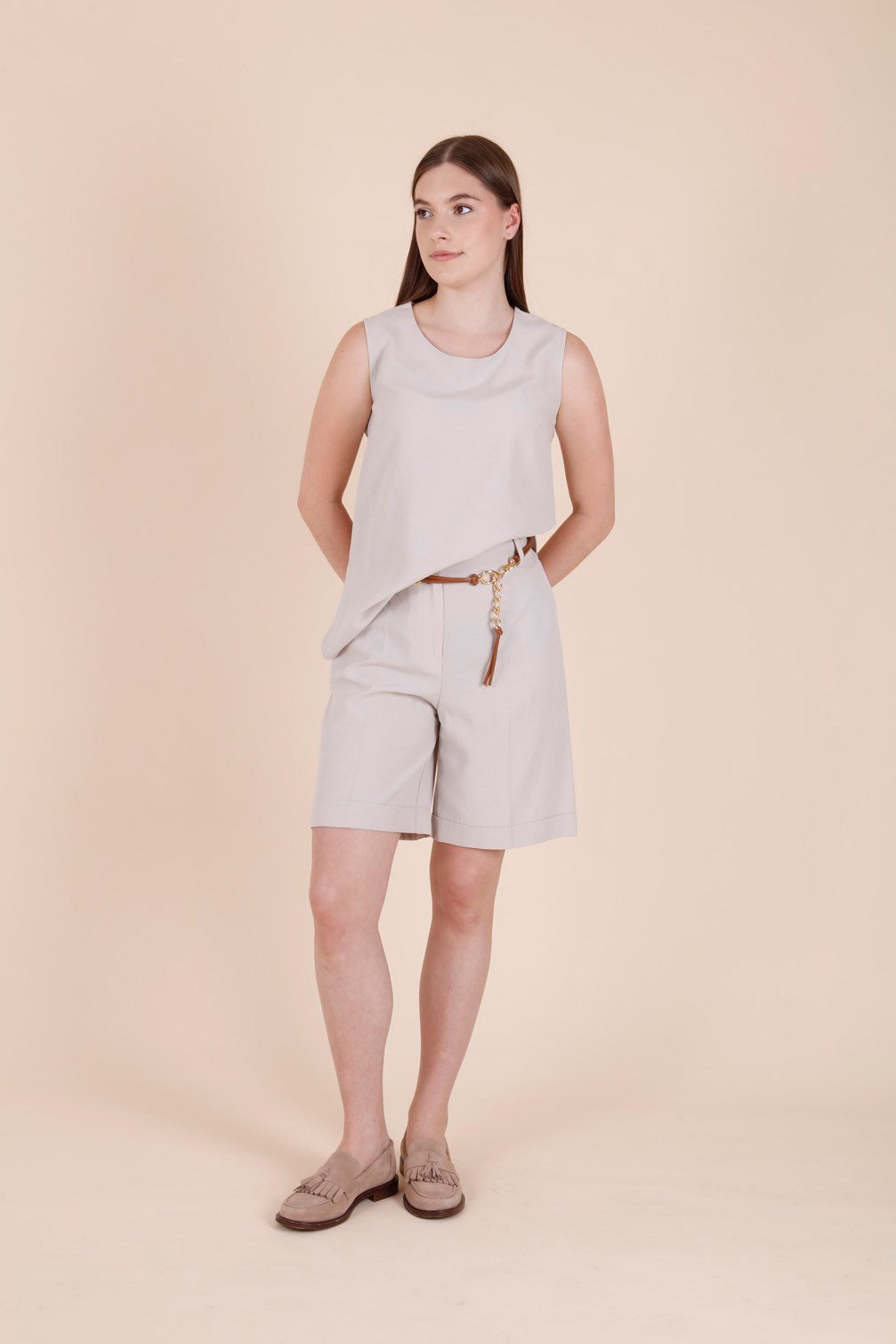 Stone Sleeveless Blouse and Elastic-Waist Belted Shorts Set