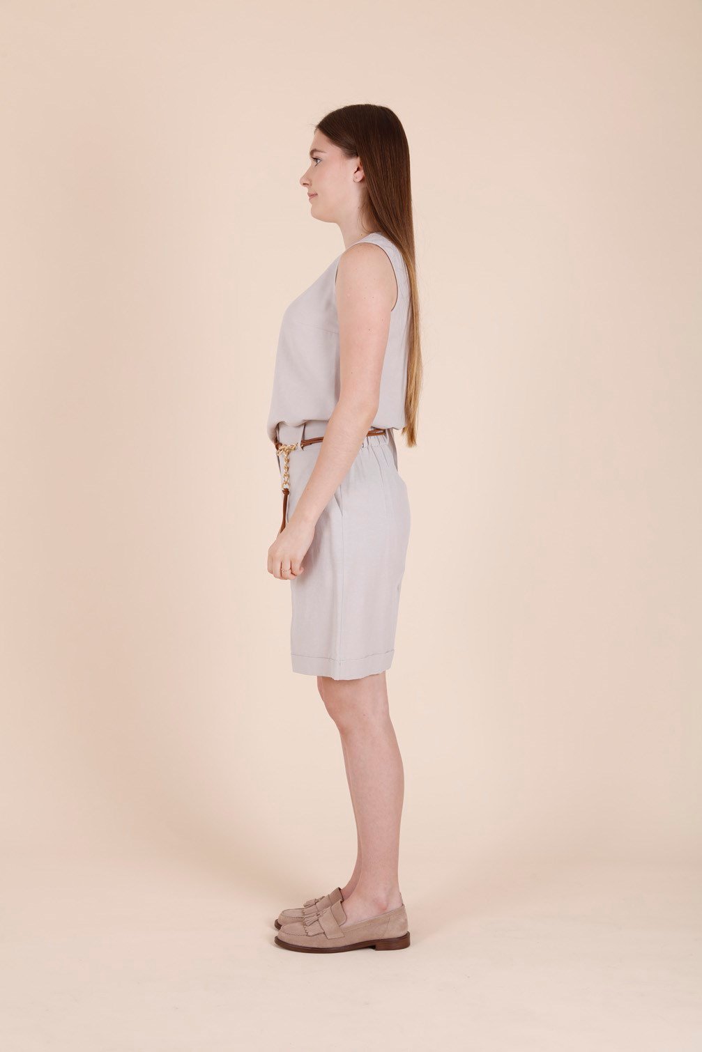 Stone Sleeveless Blouse and Elastic-Waist Belted Shorts Set