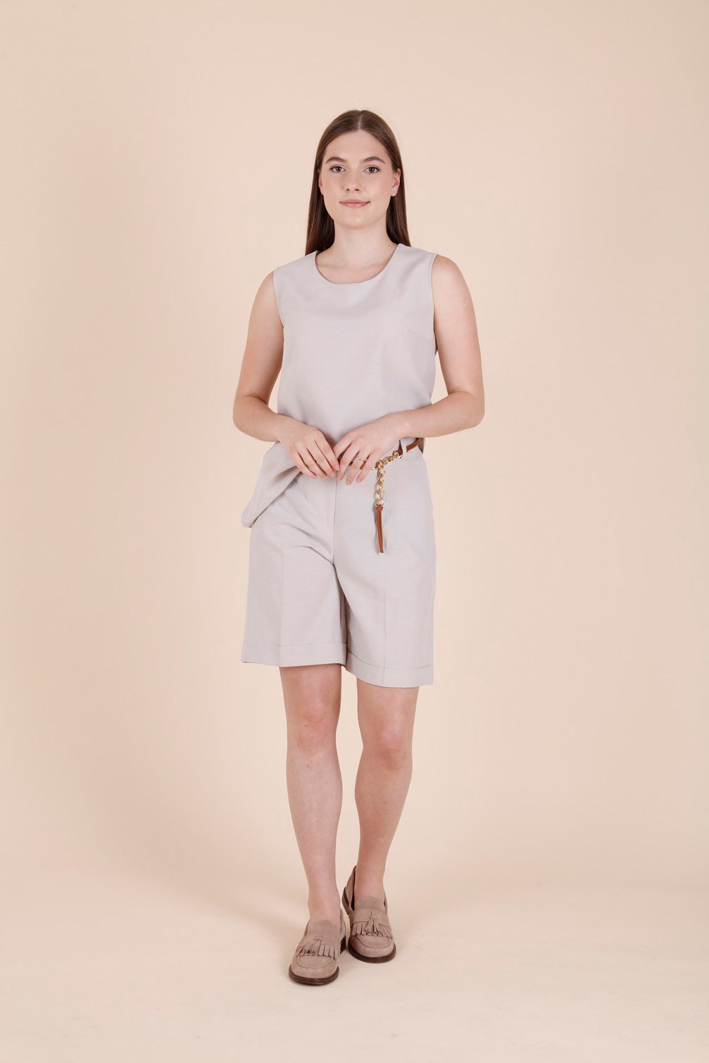 Stone Sleeveless Blouse and Elastic-Waist Belted Shorts Set