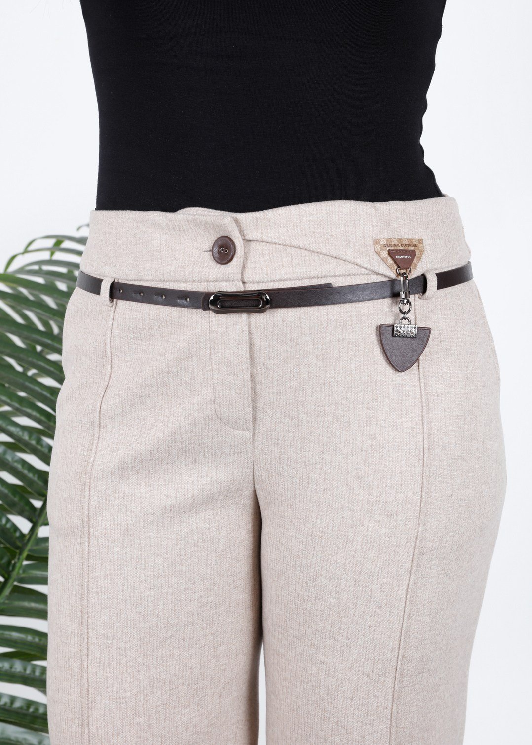 Soft-Touch Belted Plus Size Winter Carrot Trousers Beige