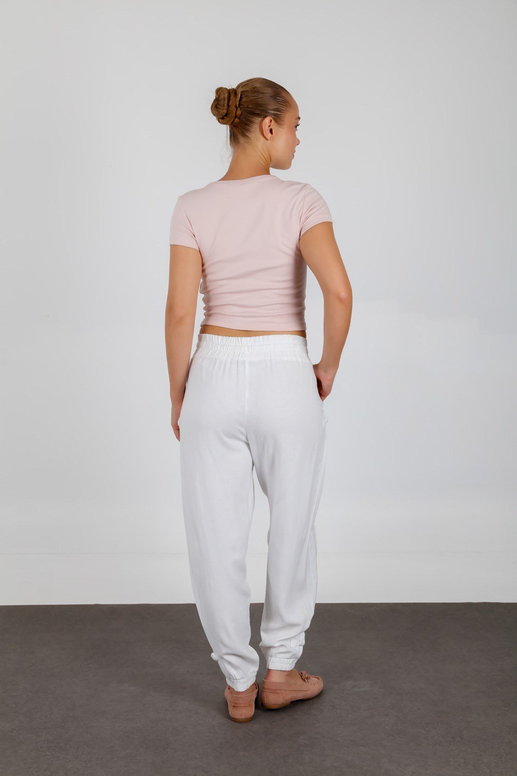Keten Karışımlı Kumaş Beli Lastikli Yazlık Şalvar Pantolon Beyaz 