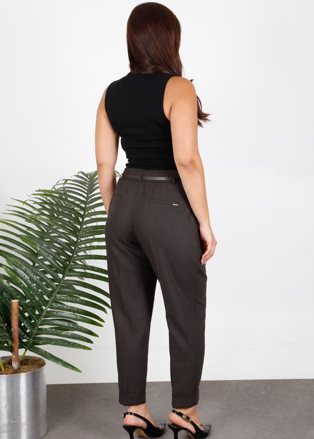Wholesale High-Waist Belted Plus Size Carrot Trousers Dark Brown