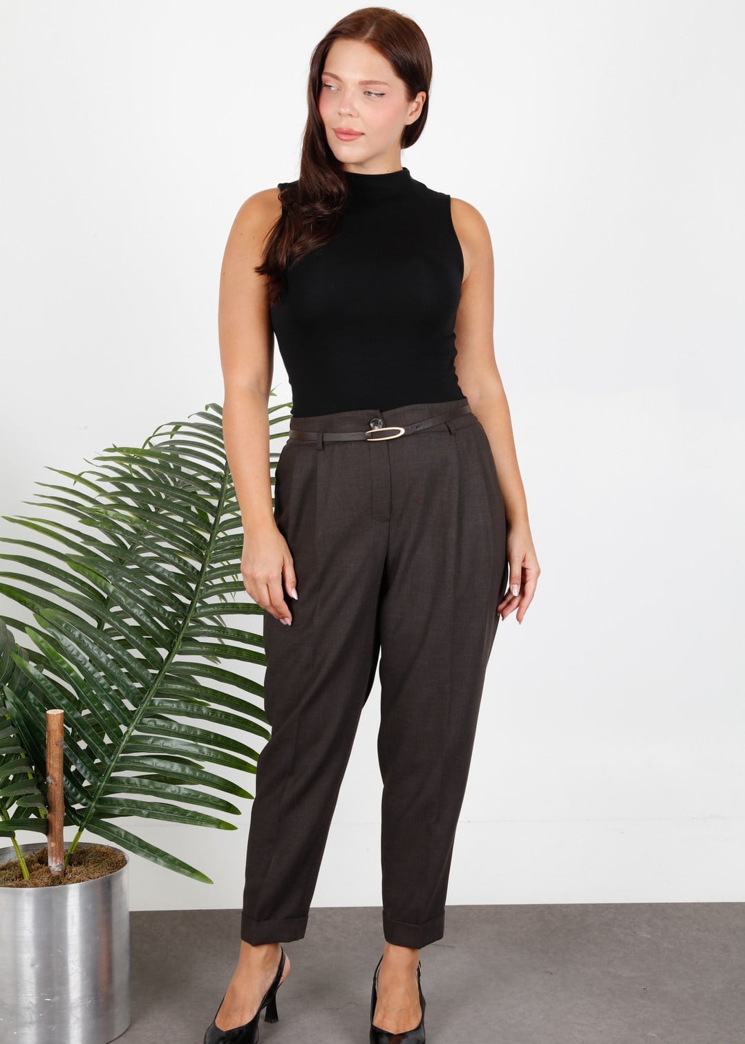 Wholesale High-Waist Belted Plus Size Carrot Trousers Dark Brown