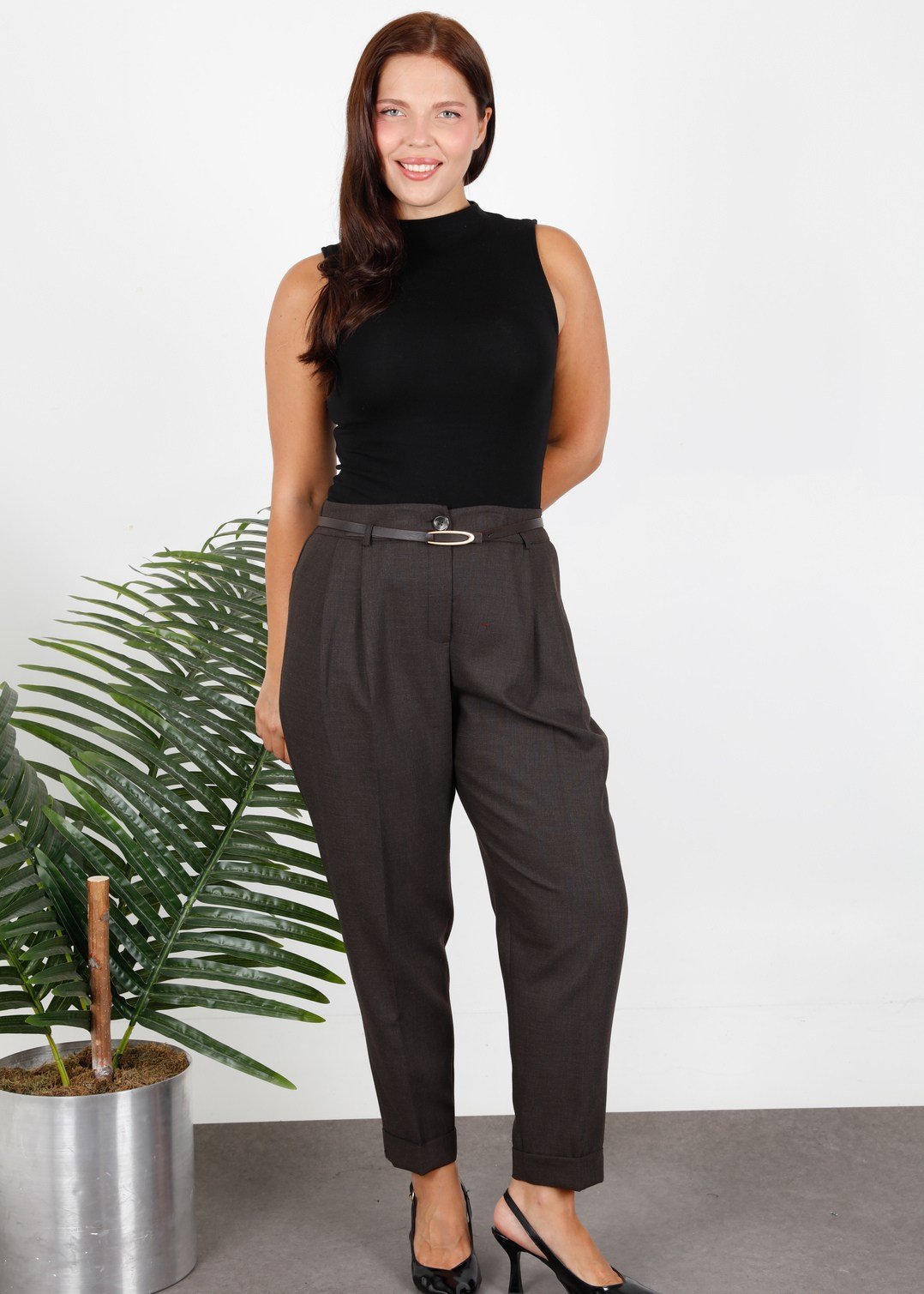 Wholesale High-Waist Belted Plus Size Carrot Trousers Dark Brown