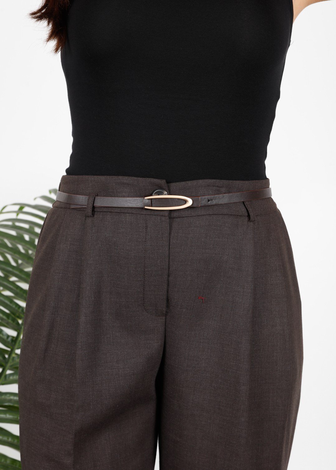 Wholesale High-Waist Belted Plus Size Carrot Trousers Dark Brown
