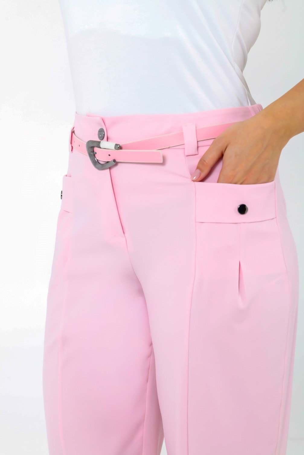 Yüksek Bel Cepli Arka Lastikli Büyük Beden Kumaş Pantolon Pembe 