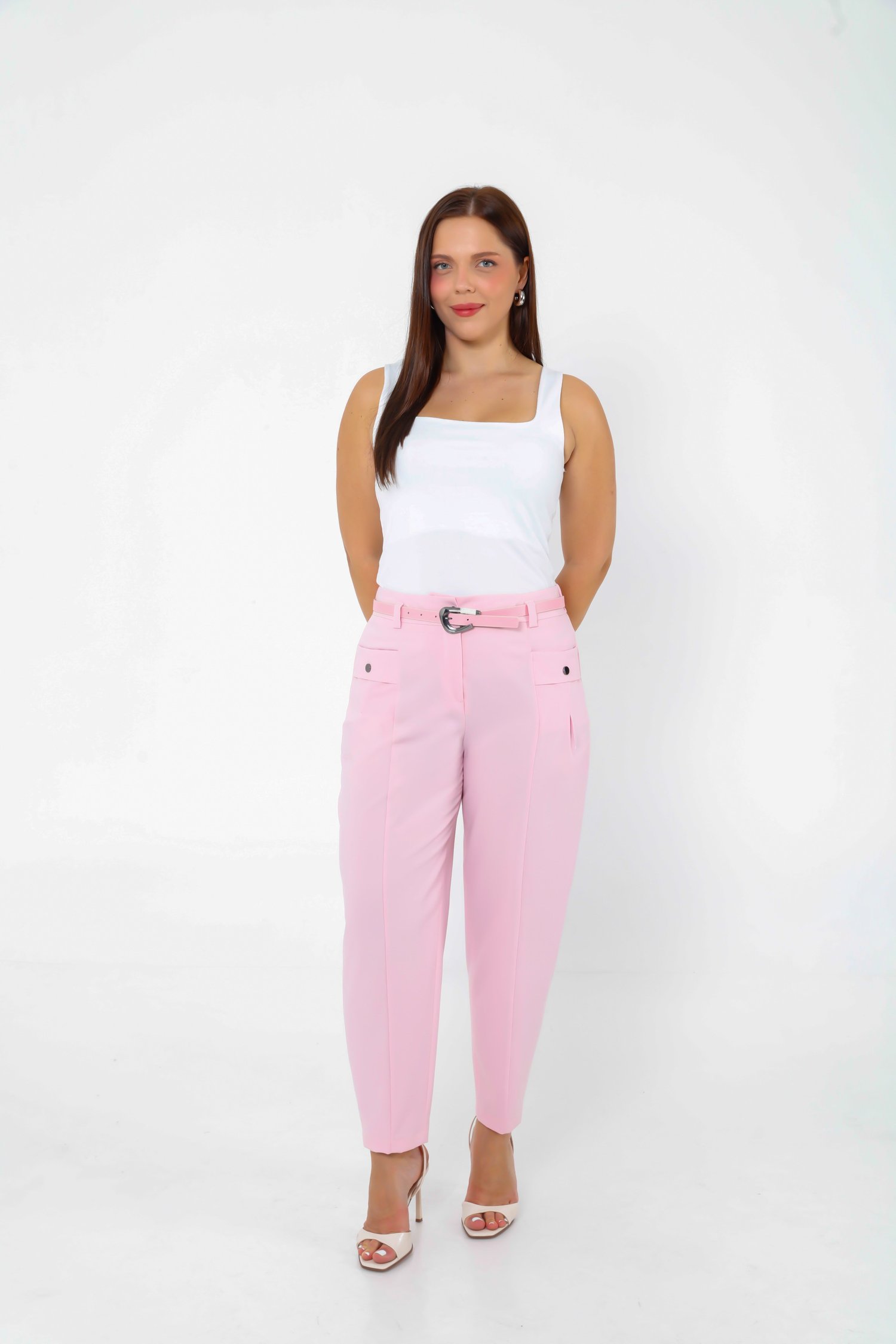 Yüksek Bel Cepli Arka Lastikli Büyük Beden Kumaş Pantolon Pembe 