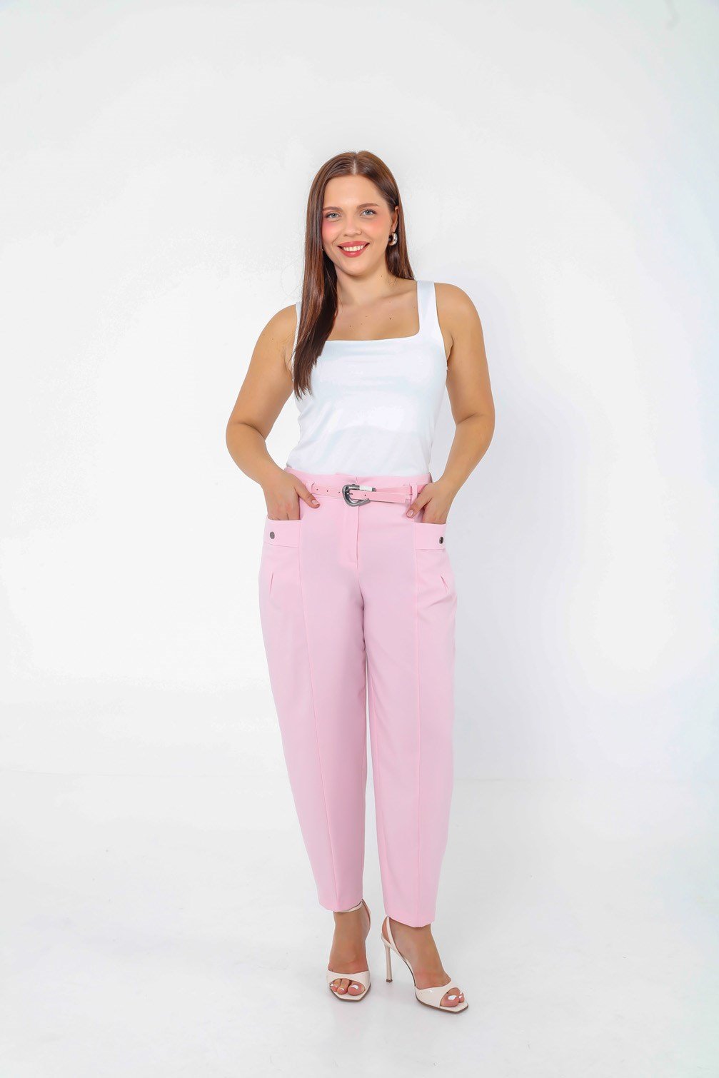 Yüksek Bel Cepli Arka Lastikli Büyük Beden Kumaş Pantolon Pembe 