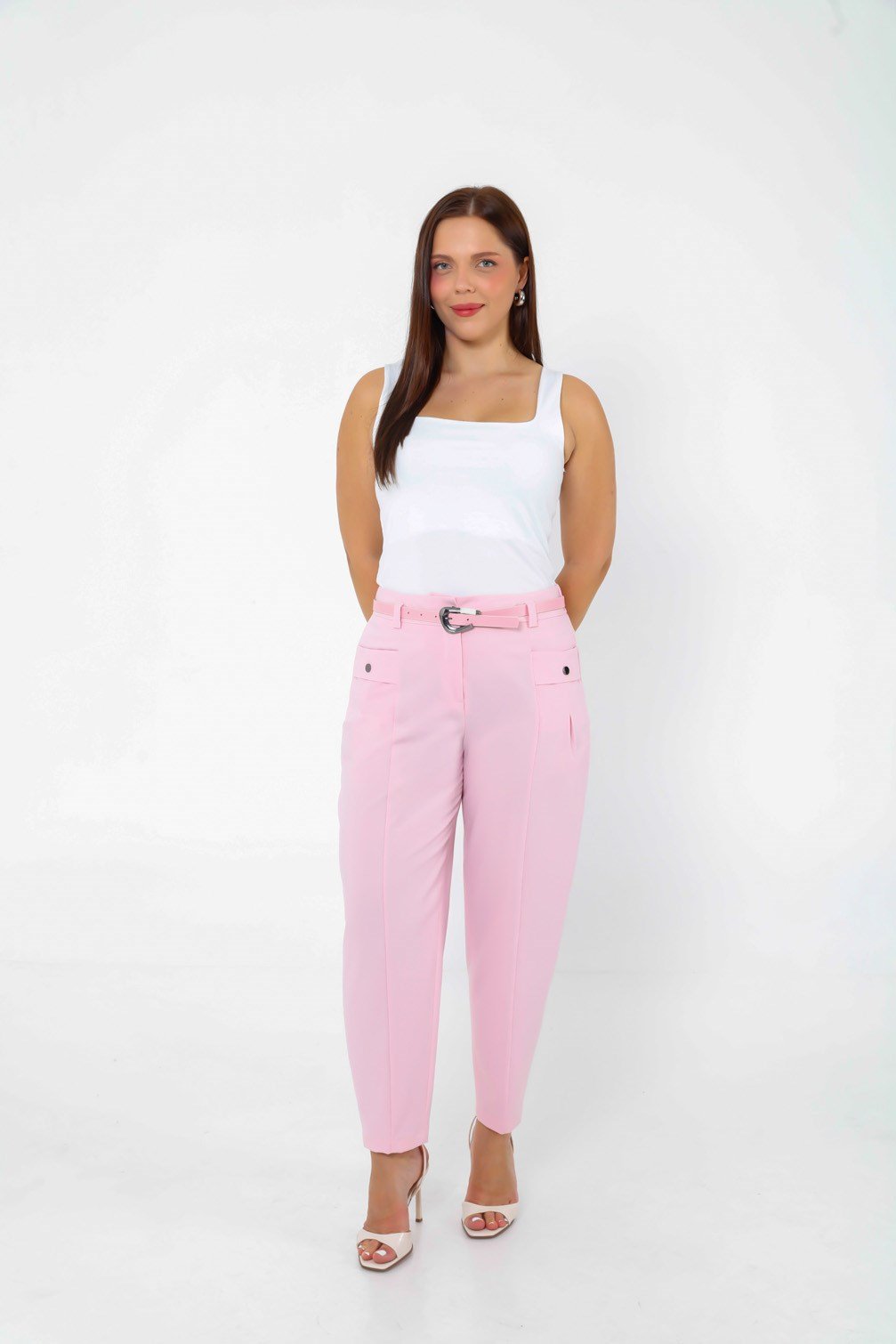 Yüksek Bel Cepli Arka Lastikli Büyük Beden Kumaş Pantolon Pembe 