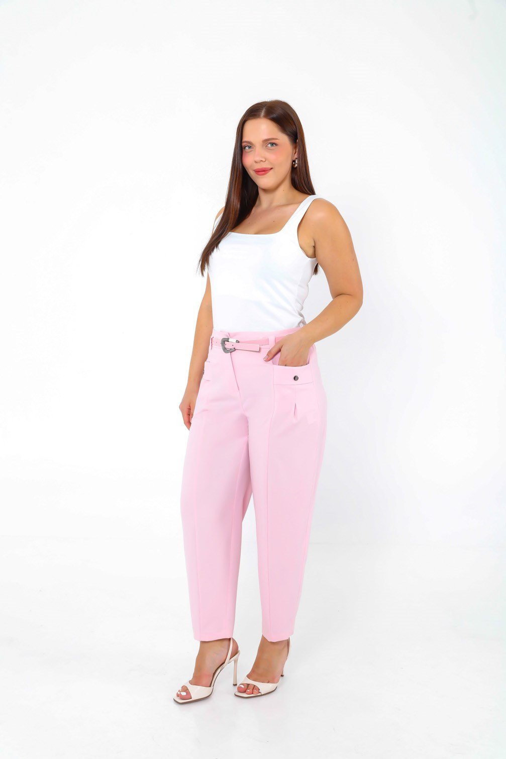 Yüksek Bel Cepli Arka Lastikli Büyük Beden Kumaş Pantolon Pembe 