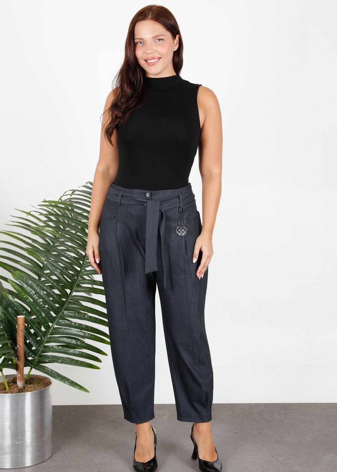 Yüksek Bel Denim Kumaş Kışlık Büyük Beden Kadın Pantolon Lacivert