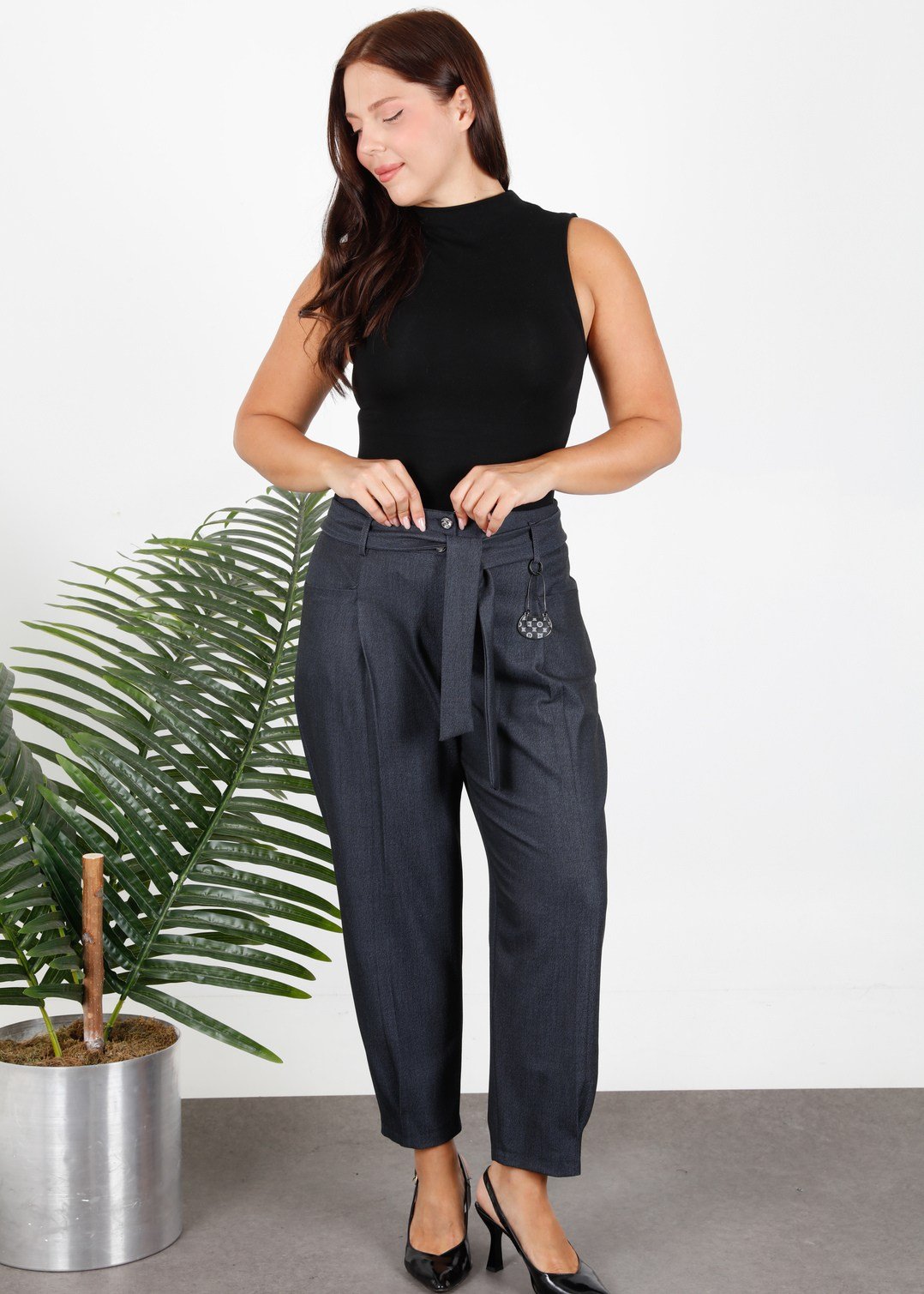 Yüksek Bel Denim Kumaş Kışlık Büyük Beden Kadın Pantolon Lacivert