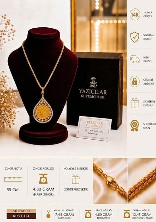 14 Ayar Altın Osmanlı Tuğralı Damla Model Dantel İşlemeli Zirkon Taşlı Premium Tasarım Kolye