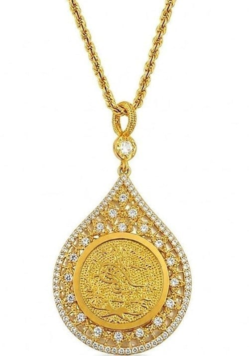 14 Ayar Altın Osmanlı Tuğralı Damla Model Dantel İşlemeli Zirkon Taşlı Premium Tasarım Kolye