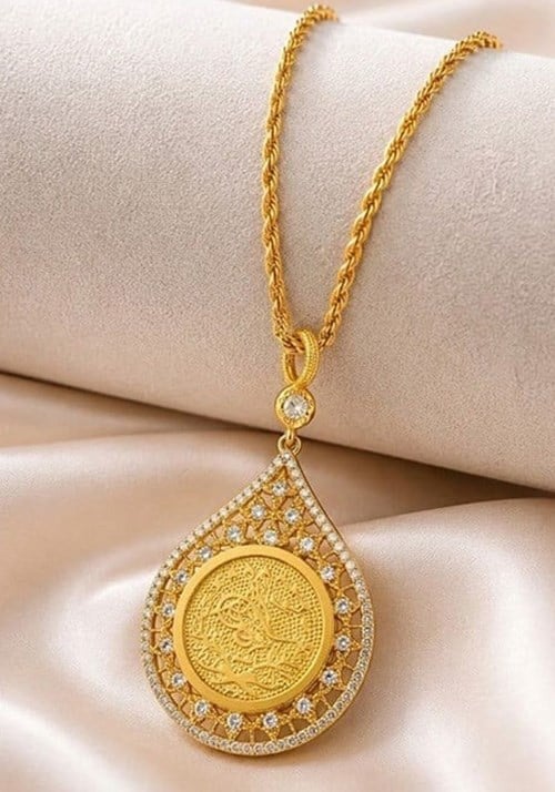 14 Ayar Altın Osmanlı Tuğralı Damla Model Dantel İşlemeli Zirkon Taşlı Premium Tasarım Kolye