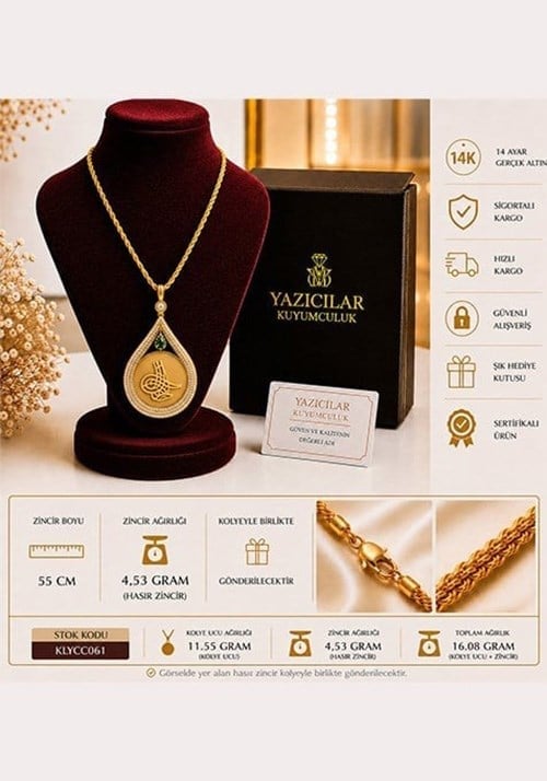 14 Ayar Osmanlı Tuğrası Prestij Damla Altın Kolye