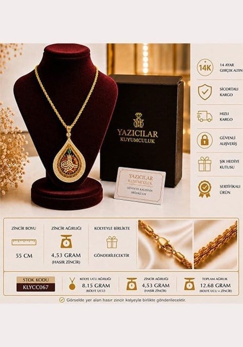 14 Ayar Osmanlı Tuğrası Sıra Taşlı Zümrüt Damla Altın Kolye
