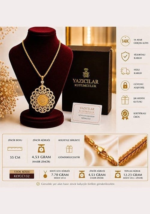 14 Ayar Osmanlı Tuğrası  Sultan Taşlı Rozet Altın Kolye