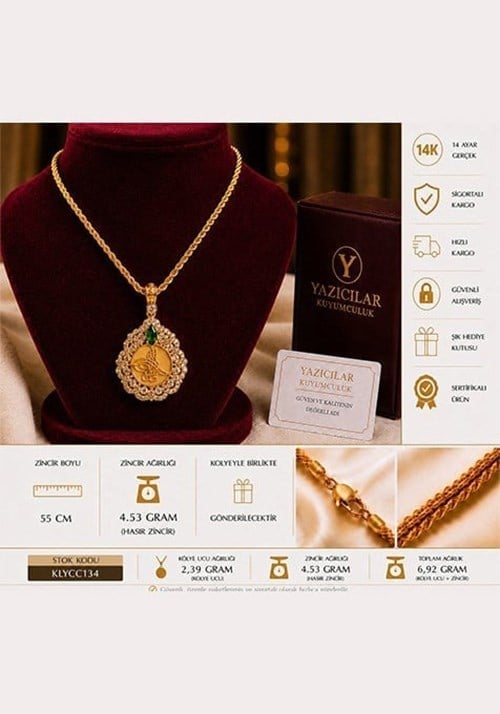 14 Ayar Osmanlı Tuğrası Zümrüt Çiçek Altın Kolye
