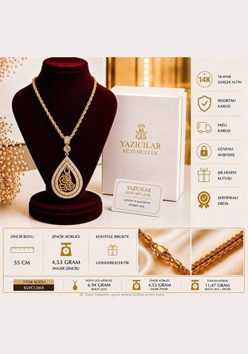 14 Ayar Osmanlı Tuğrası Zümrüt Zarafet Altın Kolye
