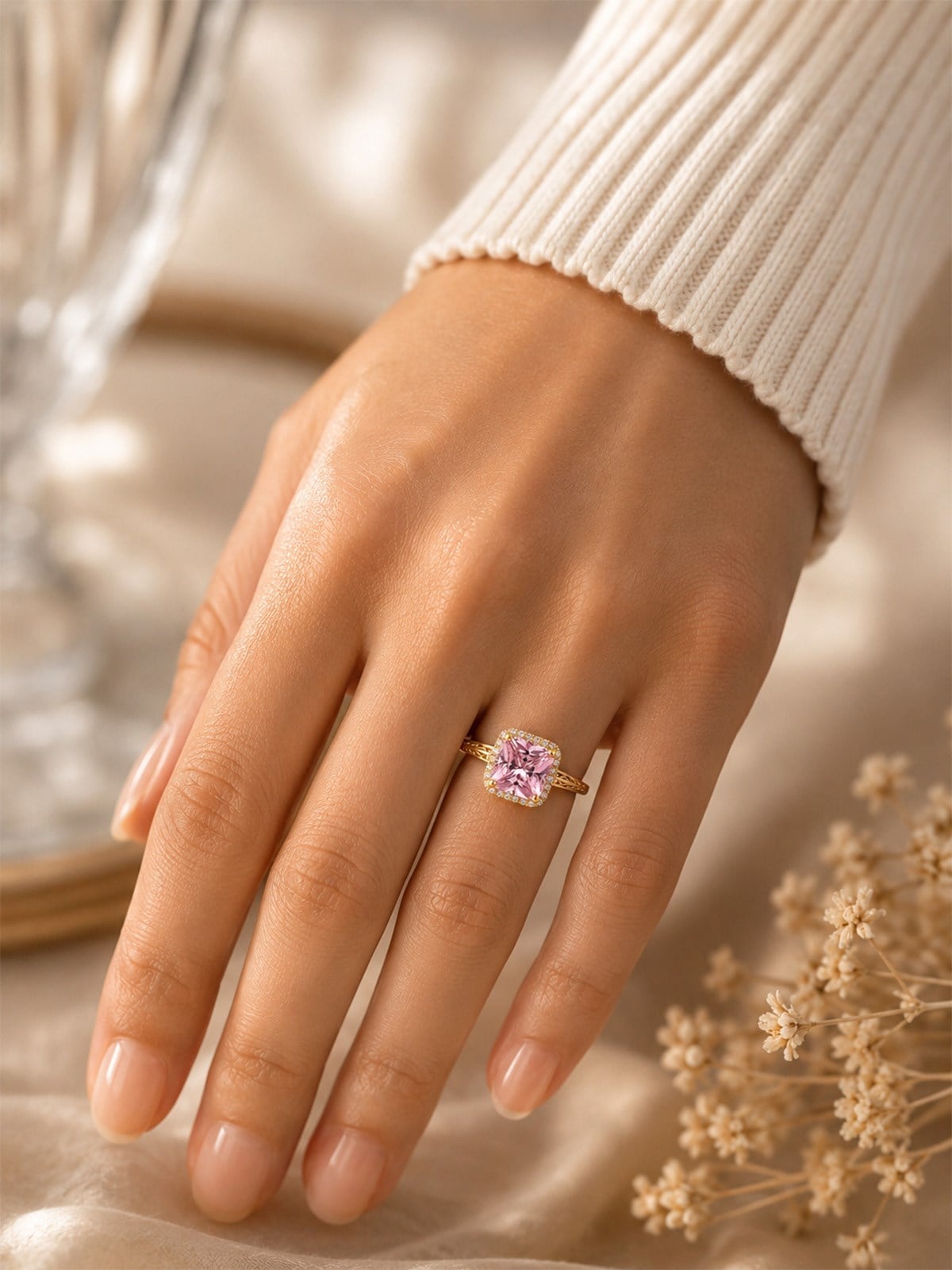 14 Ayar Pembe Kristal Taşlı Çerçeveli Altın Kadın Yüzük