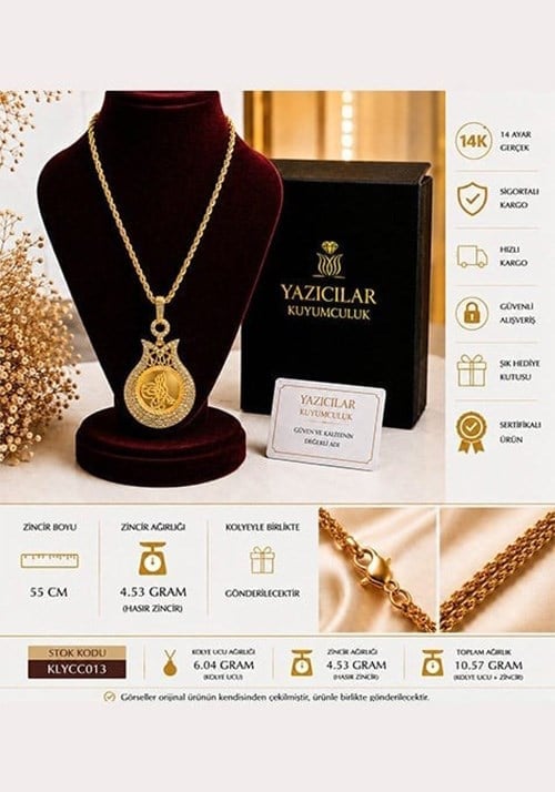 14 Ayar Sultan Tuğrası Taşlı Altın Kolye