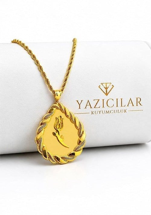 14 Ayar Yaprak Çerçeveli Lale Altın Kolye