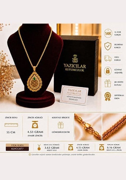 14 Ayar Zümrüt Taşlı Selçuk Motifli Altın Kolye