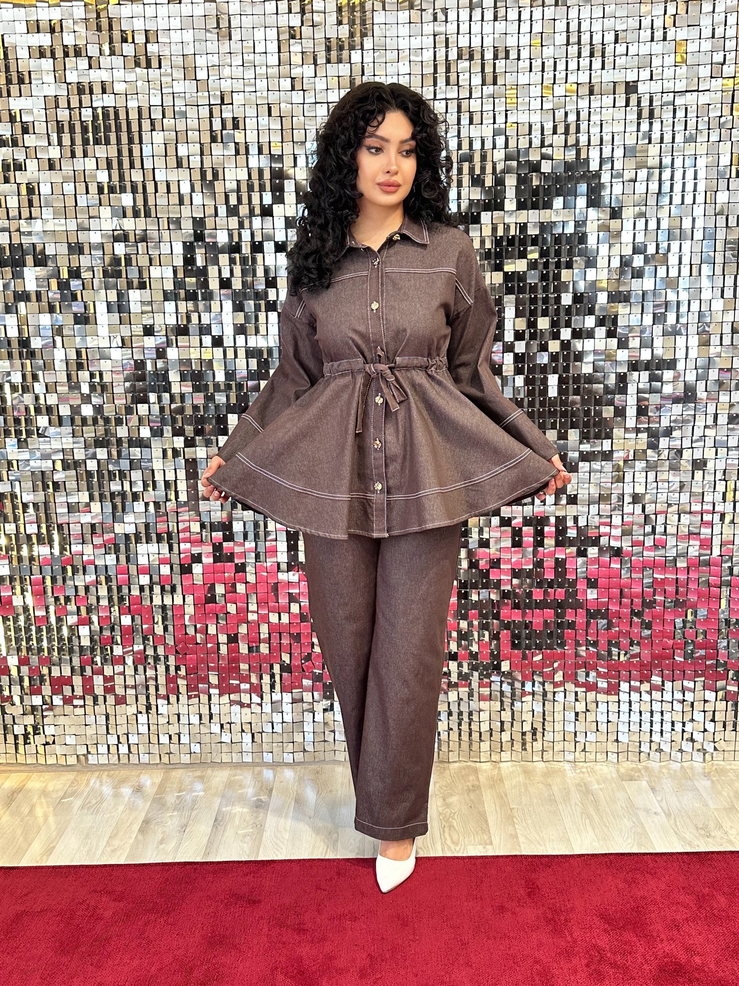 Belden Bağlamalı Acı Kahve Kot Denim Takım