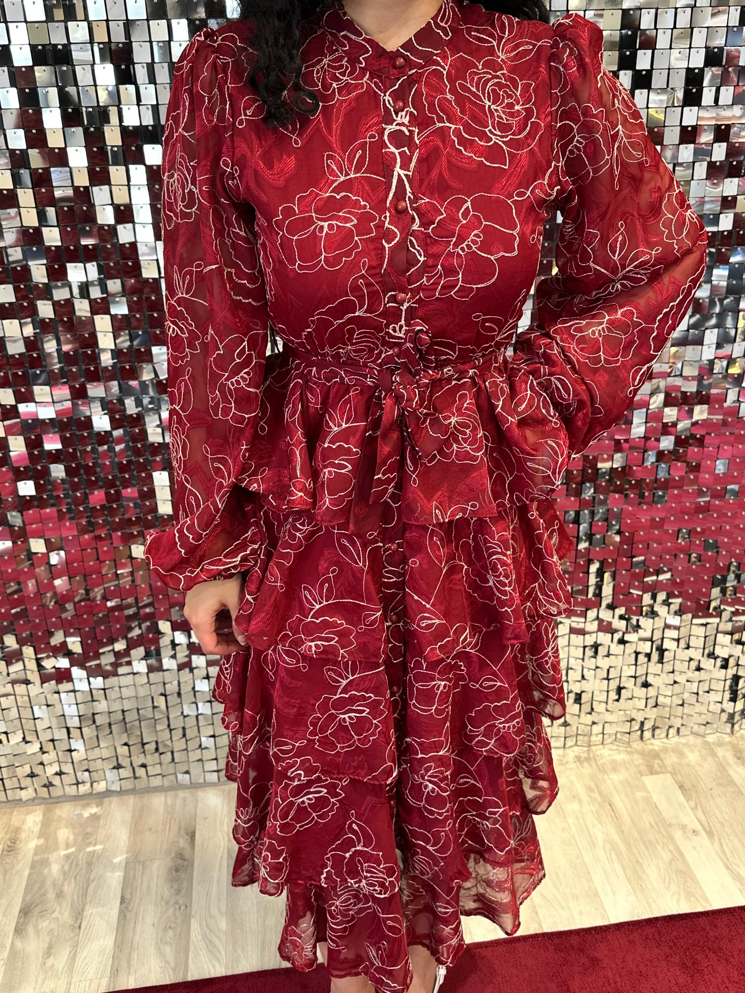 Bordo Kat Kat Jakarlı Elbise