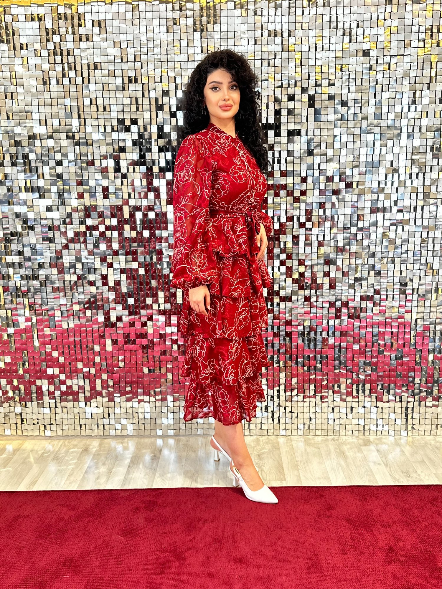 Bordo Kat Kat Jakarlı Elbise