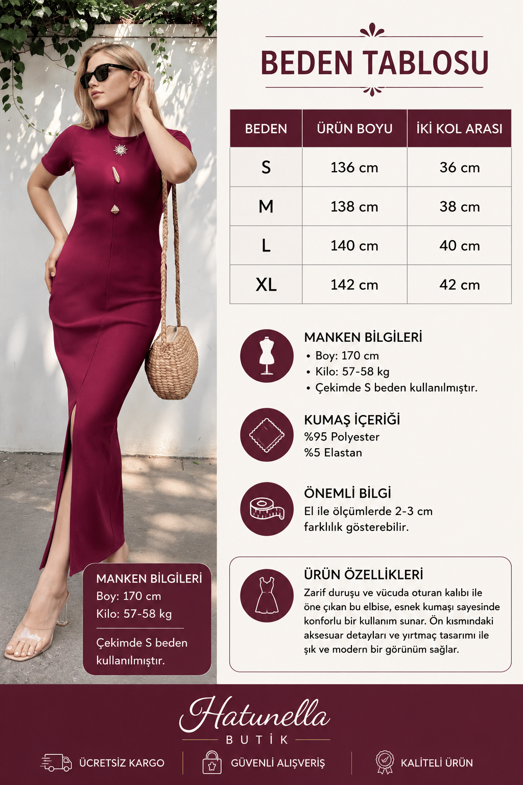 Bordo Uzun Kalem Elbise
