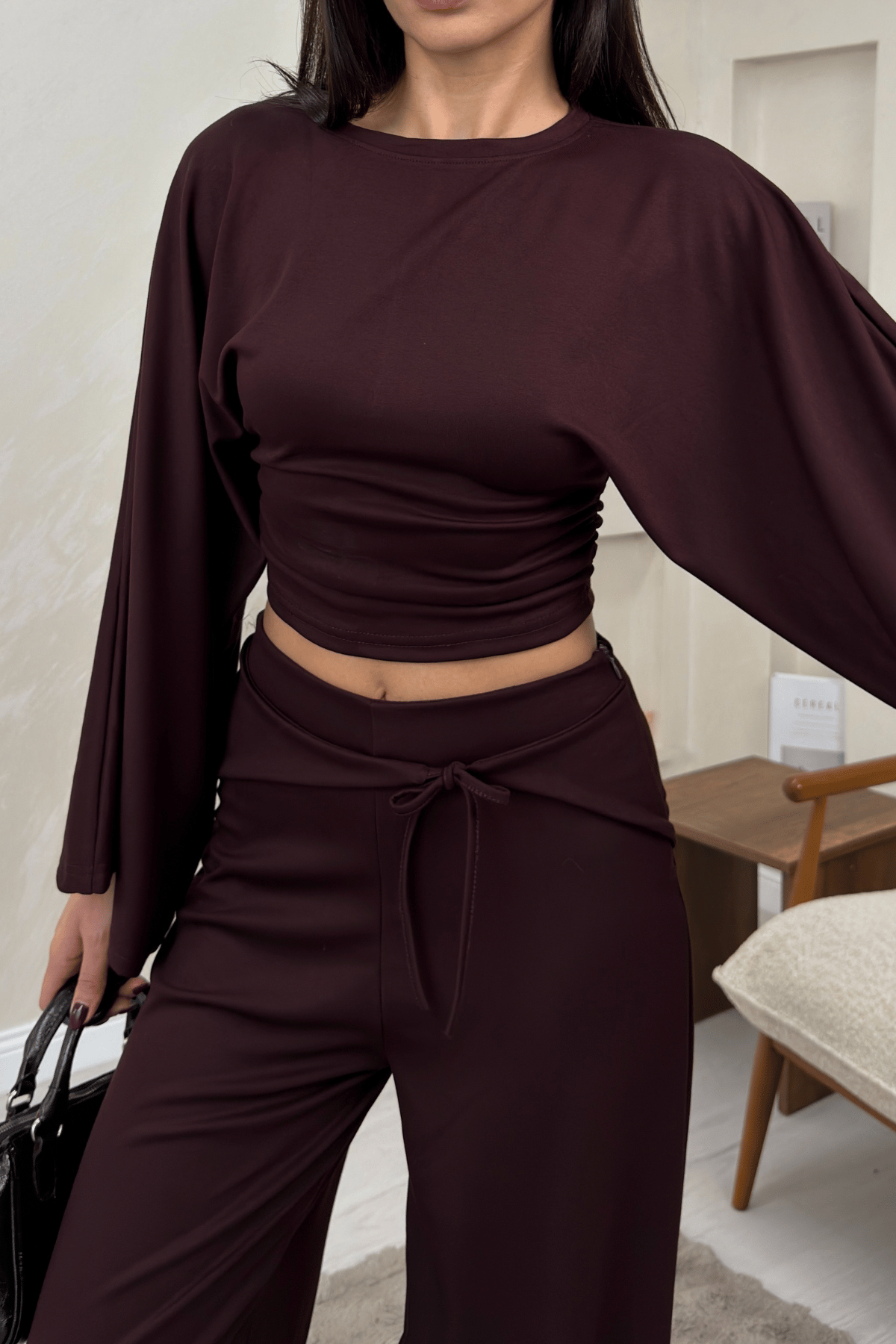 Alice Bordo Renkli Yarasa Kol Crop Bluz Genis Paca Pantolon Takim | miraylawear