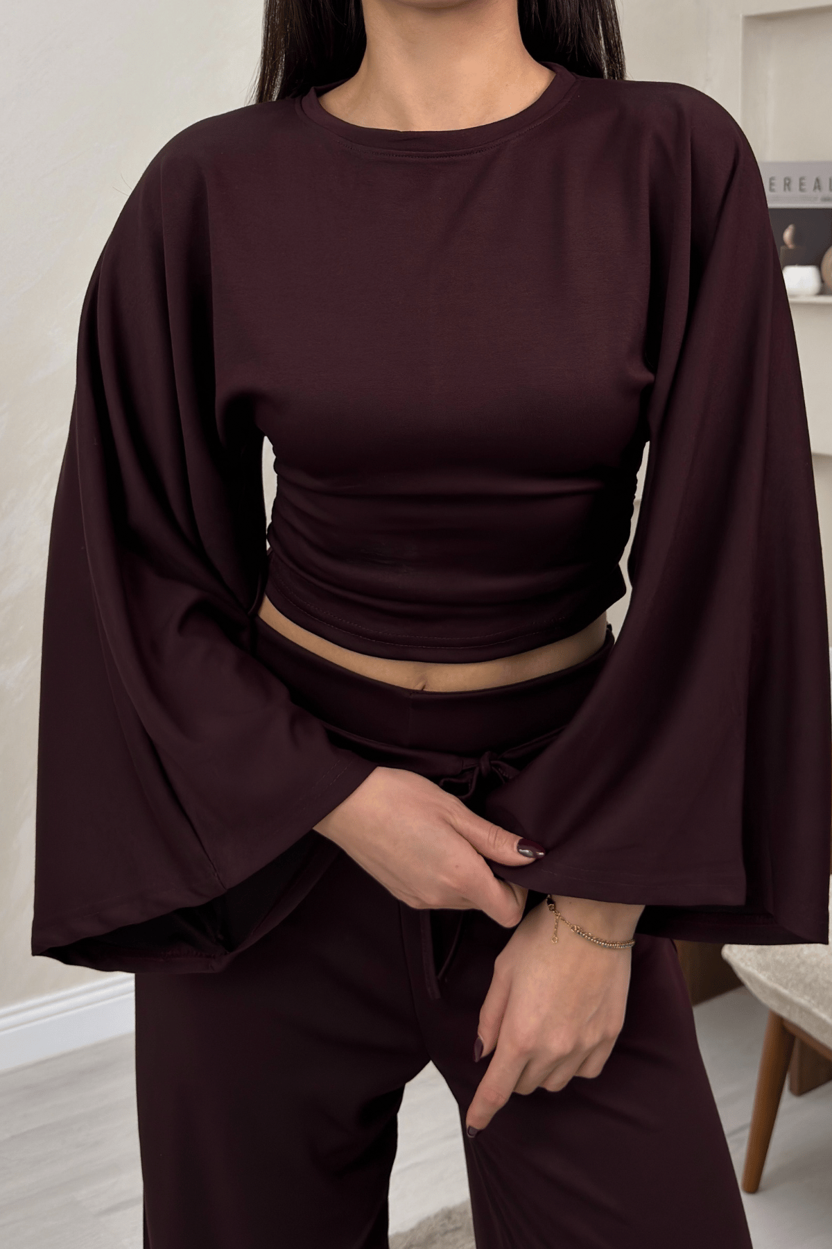 Alice Bordo Renkli Yarasa Kol Crop Bluz Genis Paca Pantolon Takim | miraylawear